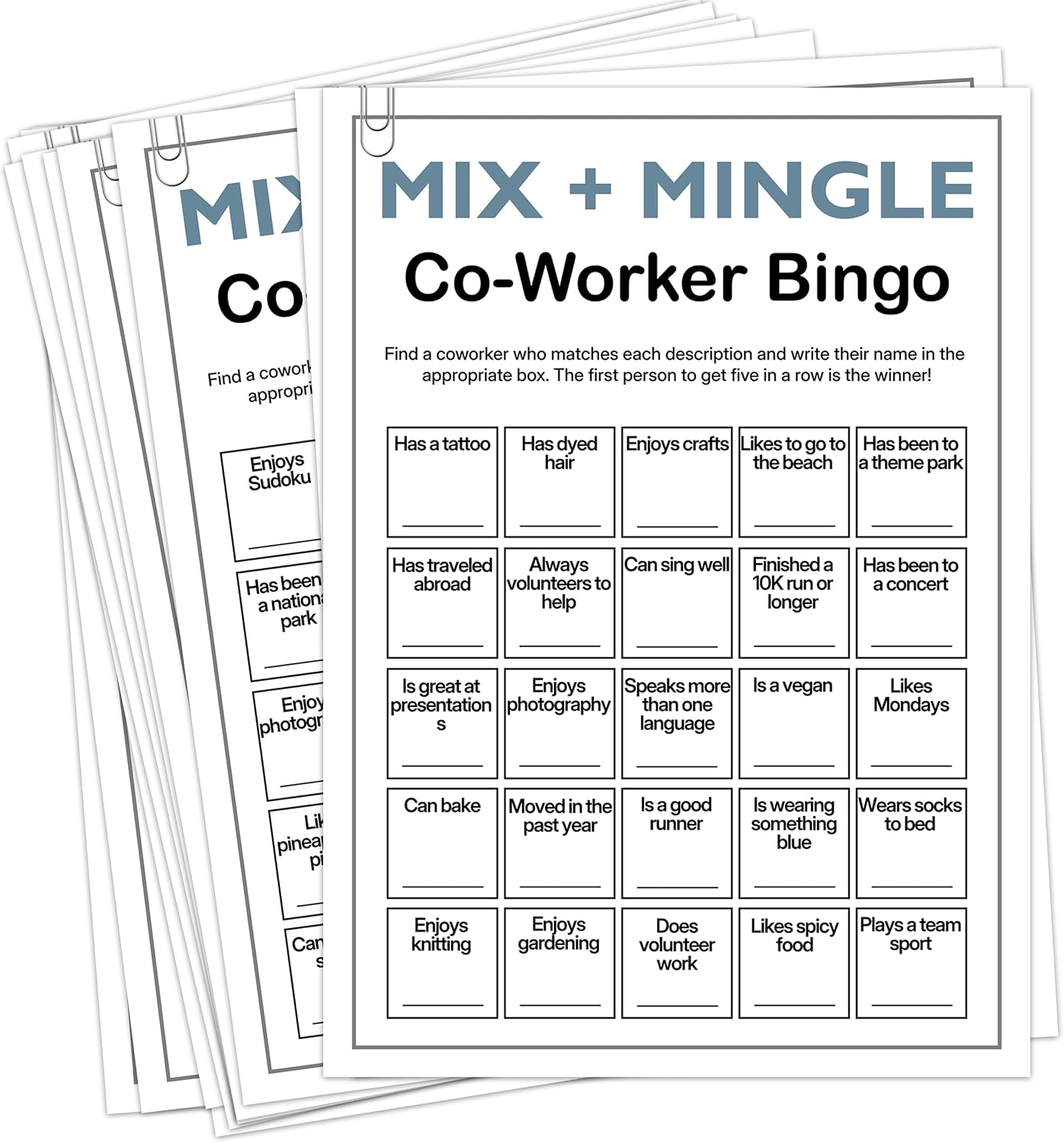 Find Someone Who Bingo Cards, 25 Unique Randomized 5x7 Sheets, Get to Know You Bingo Game for Adults, Ice Breaker Office Party Games, Team Building Games for Work, High Replay Value - A05