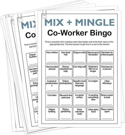 Find Someone Who Bingo Cards, 25 Unique Randomized 5x7 Sheets, Get to Know You Bingo Game for Adults, Ice Breaker Office Party Games, Team Building Games for Work, High Replay Value - A05