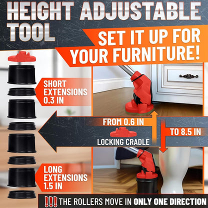 Furniture Lifter Tool with 4 Pcs Appliance Movers Sliders, 660 Lbs | Heavy Duty Furniture Moving Kit with Lifting Extender Included - Slides Refrigerators, Stoves, and Couches Across the Floor