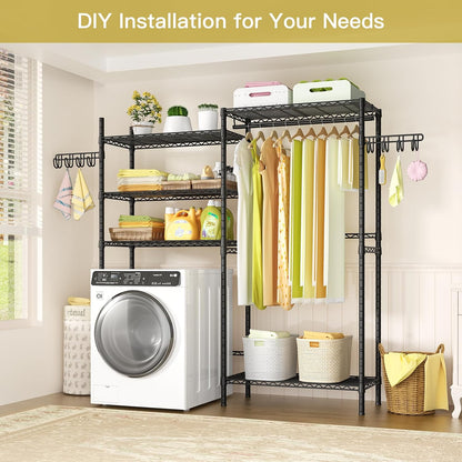 U5 Over the Washer and Dryer Storage Shelf, Laundry Room Space Saver | Bathroom Storage and Organizer Rack for Hanging Towel and Drying Clothes with 5 Wire Shelves, Black