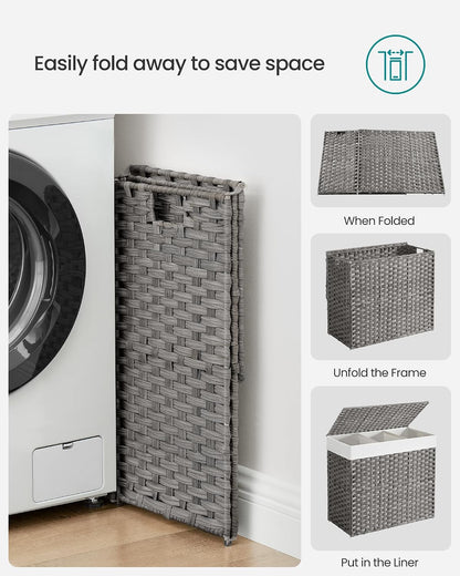 SONGMICS Laundry Hamper with Lid, 42.3 Gallons (160 L), Rolling Laundry Basket with Wheels, 3-Section Synthetic Rattan, Removable Liner, Bedroom, 29.9 x 13 x 26 Inches, Natural ULCB365N01