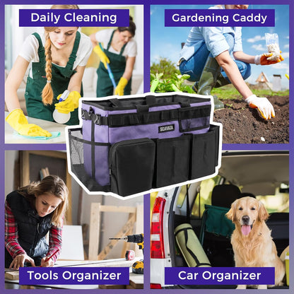 SCAVATA Wearable Cleaning Caddy Bag, Cleaning Caddy Supplies Organizer with Handle & Shoulder Straps for Housekeepers, Under Sink & Car Cleaning Tool Organizers with 4 Foldable Divider (Lake Blue)