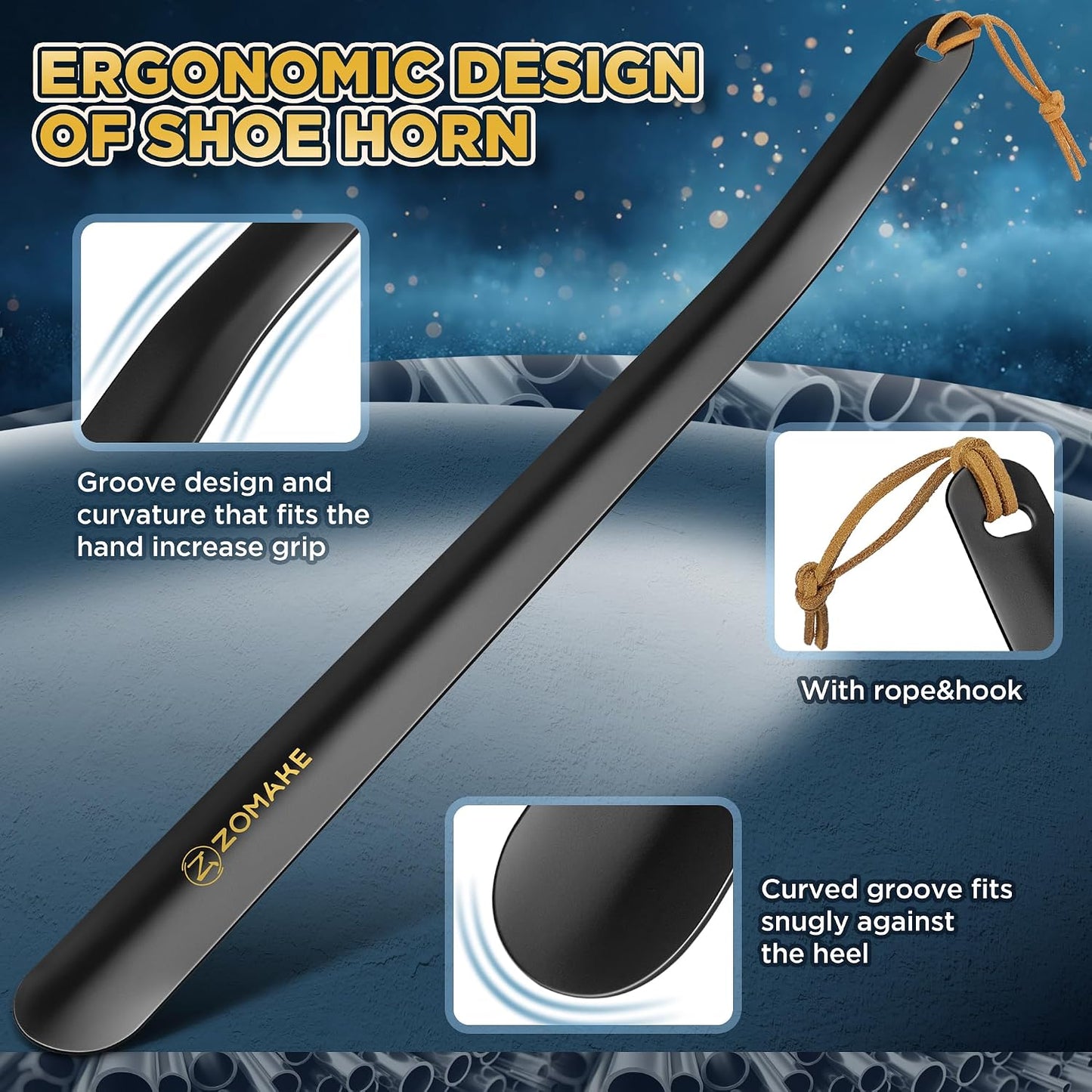 ZOMAKE Shoe Horn Long Handle for Seniors Men Women, Metal Shoehorn 16.5" | Stainless Steel Boot Horn Shoe Spoon Helper, Smooth Rounded Curve, Comfort Grip, No Bending Over, Shoe Care for Daily Use
