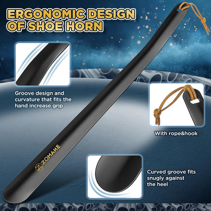 ZOMAKE Shoe Horn Long Handle for Seniors Men Women, Metal Shoehorn 16.5" | Stainless Steel Boot Horn Shoe Spoon Helper, Smooth Rounded Curve, Comfort Grip, No Bending Over, Shoe Care for Daily Use