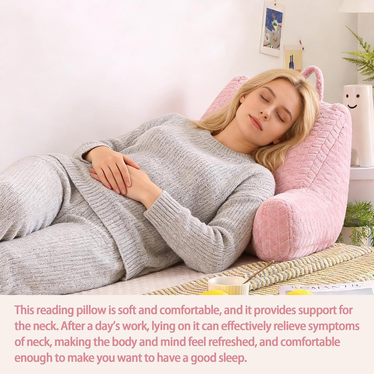 Black Bed Reading Pillow for Adults, Memory Foam Backrest Pillow with Armrests for Sitting Up in Bed, Back & Arm Support, Removable Washable Pillowcase for Sofa Seats