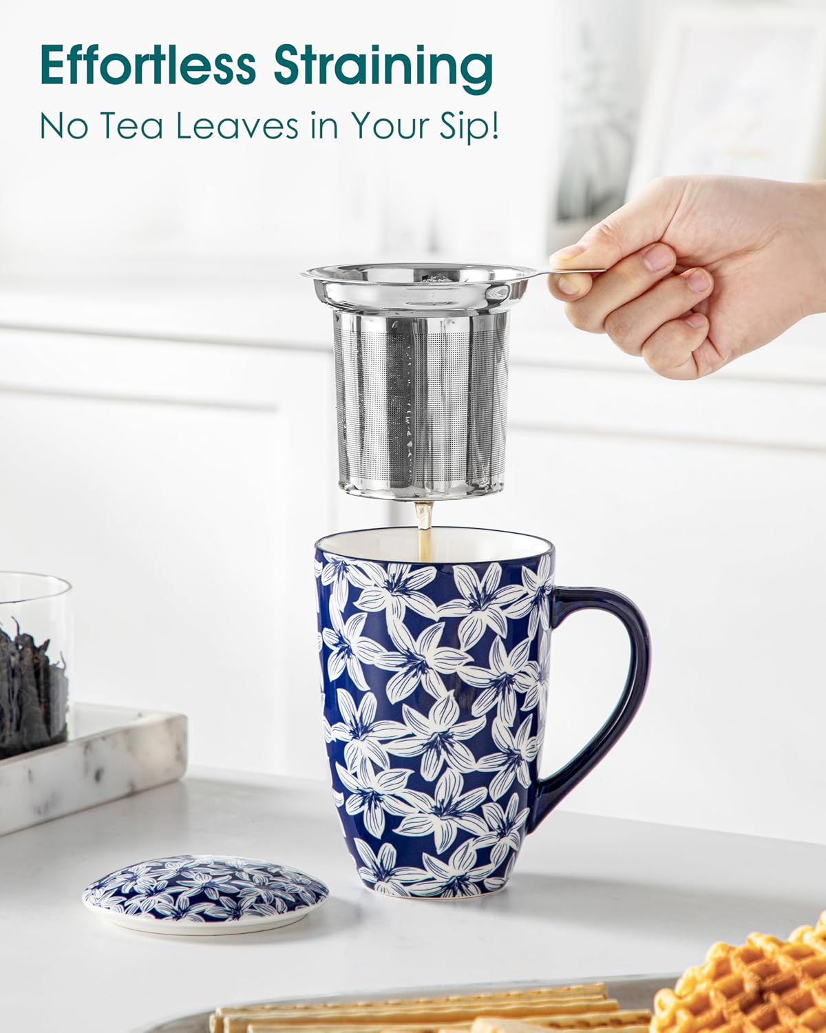 vancasso SELENE Porcelain Tea Mug, 18 oz Porcelain Tea Cup with Infuser and Lid Steeps Loose Leaf Tea, Microwave & Dishwasher Safe, Five-Leaf Clover