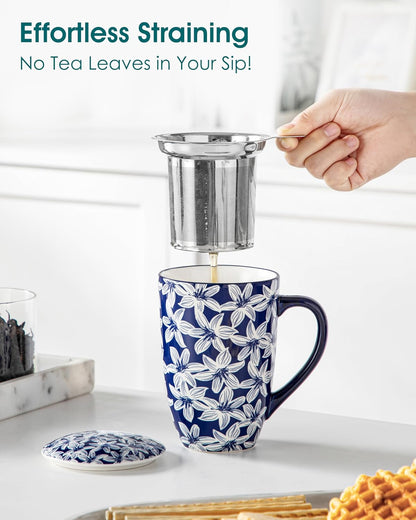 vancasso SELENE Porcelain Tea Mug, 18 oz Porcelain Tea Cup with Infuser and Lid Steeps Loose Leaf Tea, Microwave & Dishwasher Safe, Five-Leaf Clover
