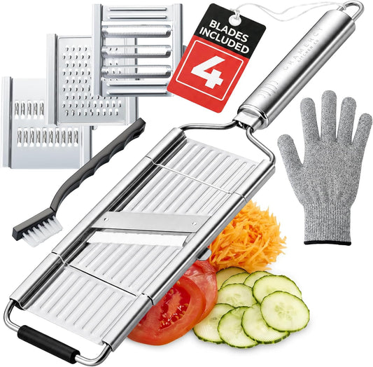 Gramercy Handheld Mandoline Slicer for Kitchen, Stainless Steel, 4 Blades | Slicer, Julienne & Grater for Vegetables and Fruits; Cut Resistant Safety Glove & Cleaning Brush Included; Dishwasher Safe