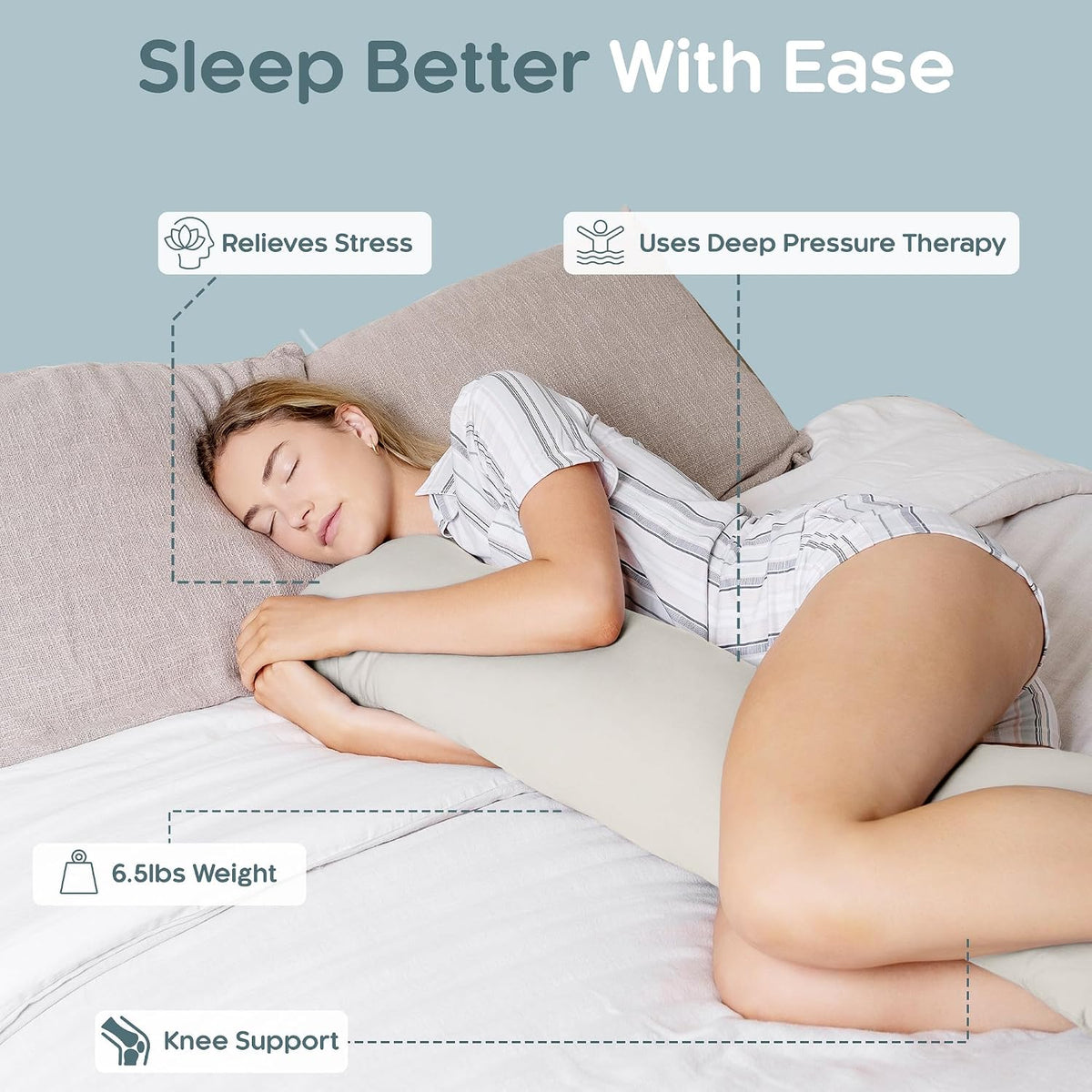 SleepCloud Weighted Body Pillow 6.5lbs, Cooling Tencel Cover, 41” x 10”