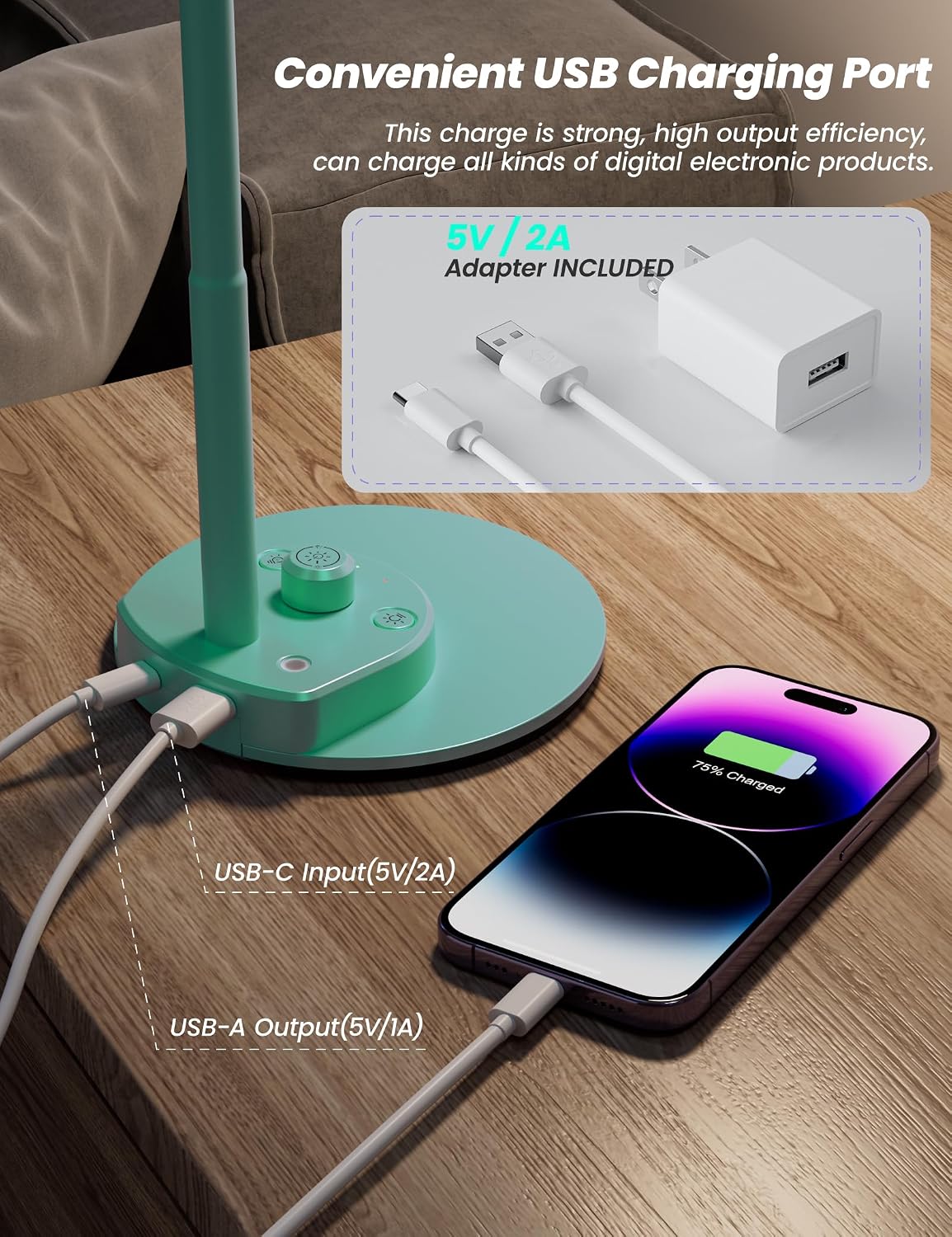 BOHON LED Desk Lamp with USB Charging Port 3 Color Modes Dimmable, Black | Reading Light Intelligent Induction Auto Dimming Task Lamp Neck Flexible Table Lamp for Bedside Office, AC Adapter Include