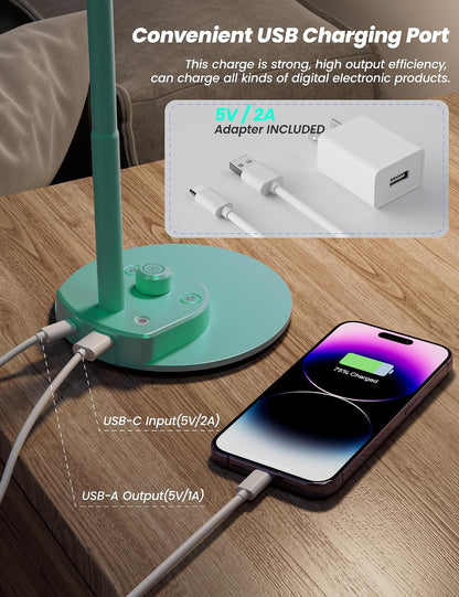 BOHON LED Desk Lamp with USB Charging Port 3 Color Modes Dimmable, Black | Reading Light Intelligent Induction Auto Dimming Task Lamp Neck Flexible Table Lamp for Bedside Office, AC Adapter Include
