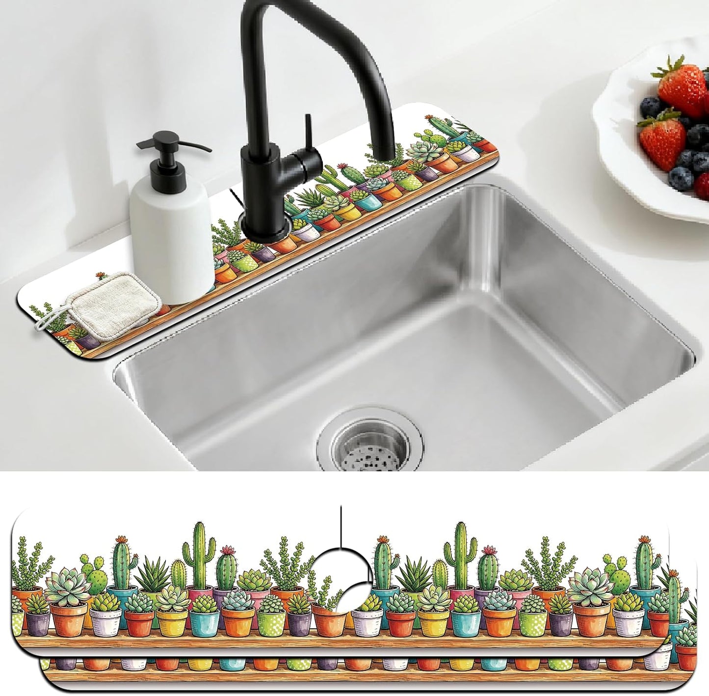 2Pcs Peonies Kitchen Sink Splash Guard Faucet Mat Vintage Florals Faucet Mat For Bathroom Kitchen 5.5x23.6In