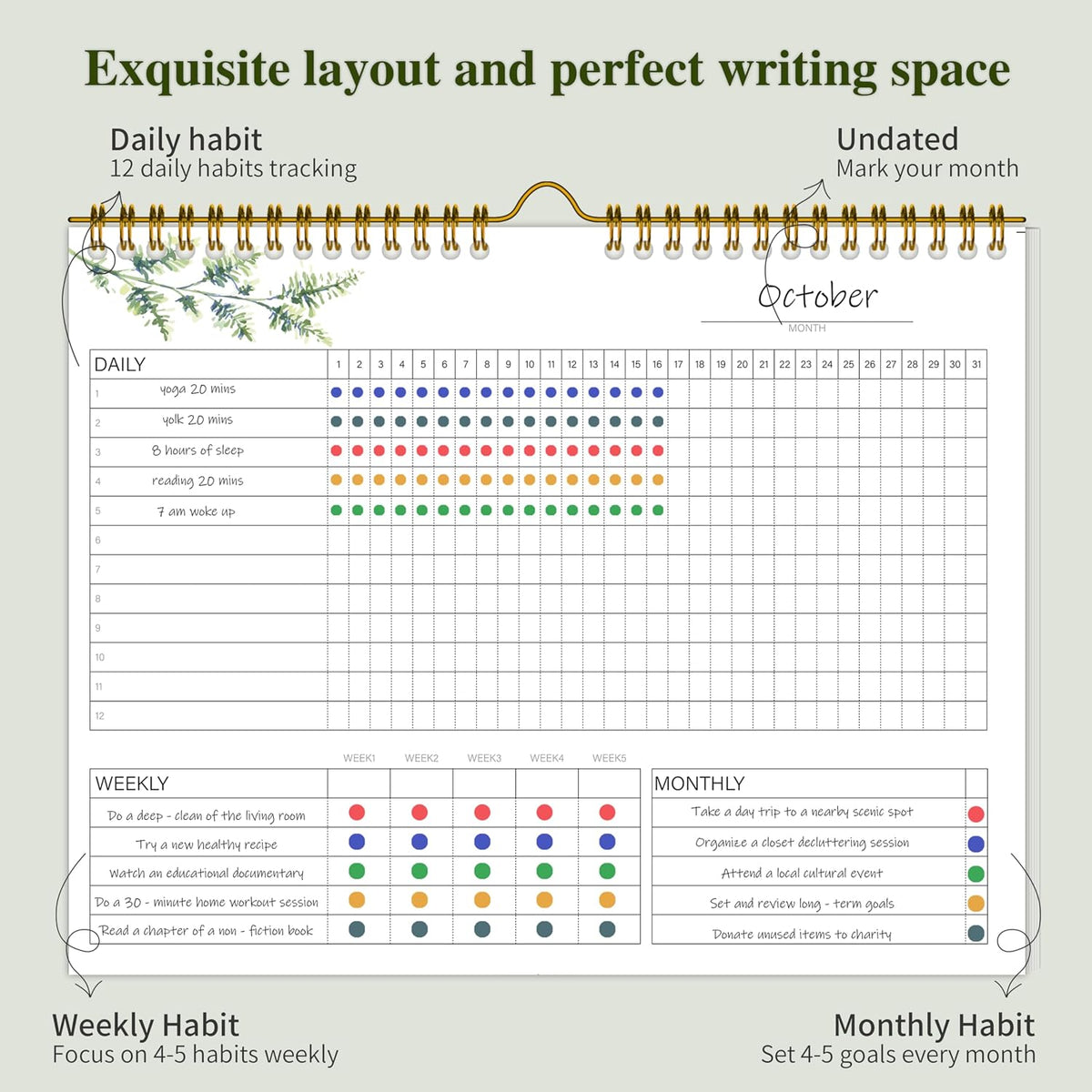 Habit Tracker Calendar Undated for Daily, Weekly & Monthly, 7.5" x 10"
