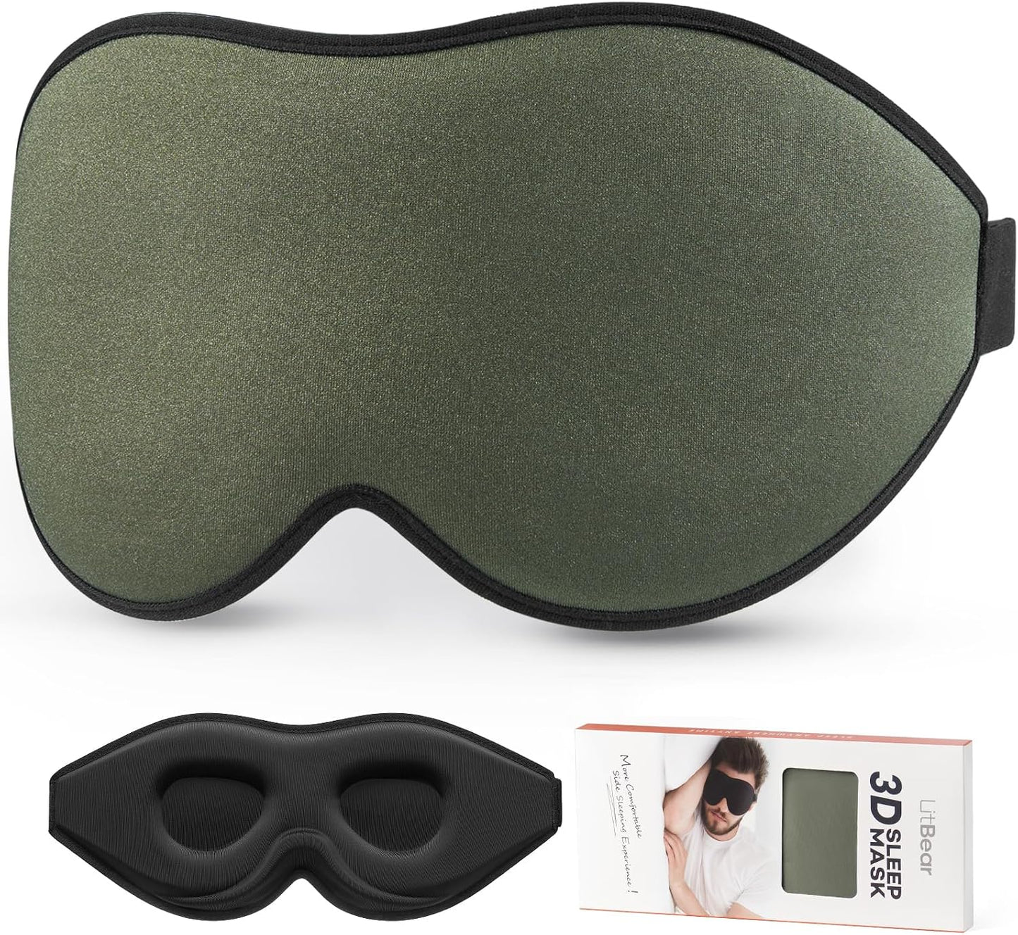LitBear Sleep Mask for Side Sleeper Women Men, Eye Mask for Sleeping | Light Blocking 3D Contoured Sleeping Mask, Soft Breathable Sleep Eye Mask with Adjustable Elastic Strap for Travel, Black