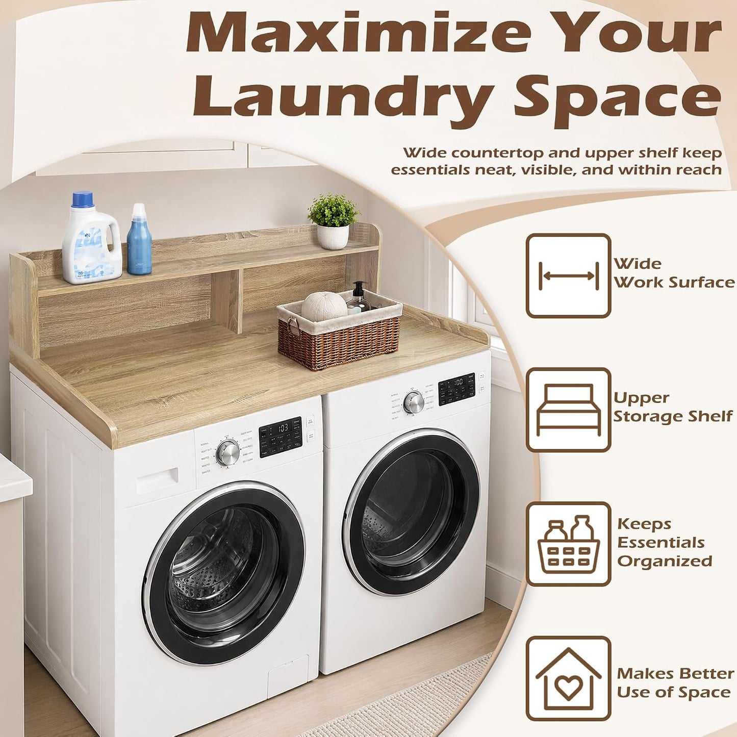 Royxen Laundry Countertop with 2-Tier Shelf Universal Fit, Washer and Dryer Countertop with Storage Space, Shelf Height 11.5 Inches, Solid Wood Core, Walnut