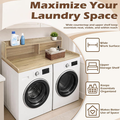 Royxen Laundry Countertop with 2-Tier Shelf Universal Fit, Washer and Dryer Countertop with Storage Space, Shelf Height 11.5 Inches, Solid Wood Core, Walnut