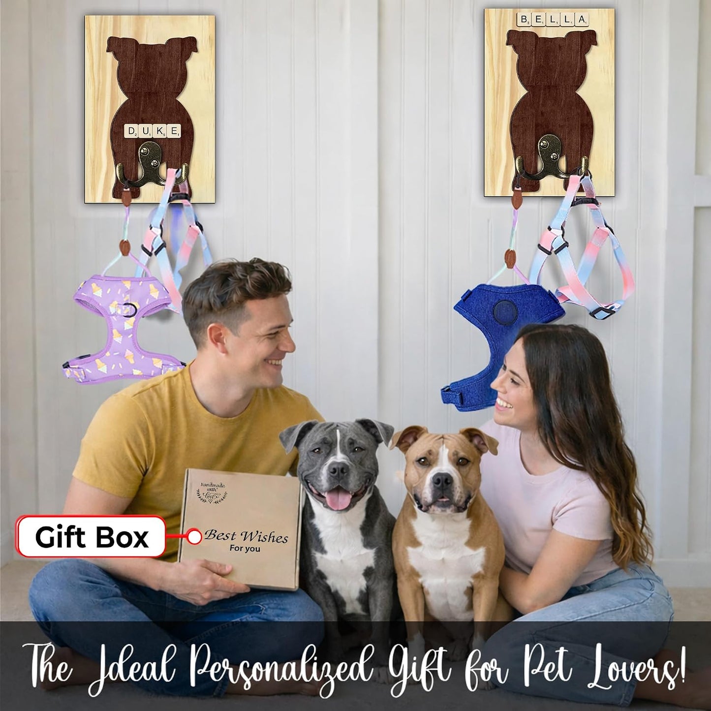 Dog Leash Holder Wall Mount, Pet Harness Hanger with Scrabble Letters, Dog Collar Organizer for Entryway, Memorial Cat Leash Holder for Wall, Pet Loss Gifts, Keepsake, Home Decor PF212-NAT