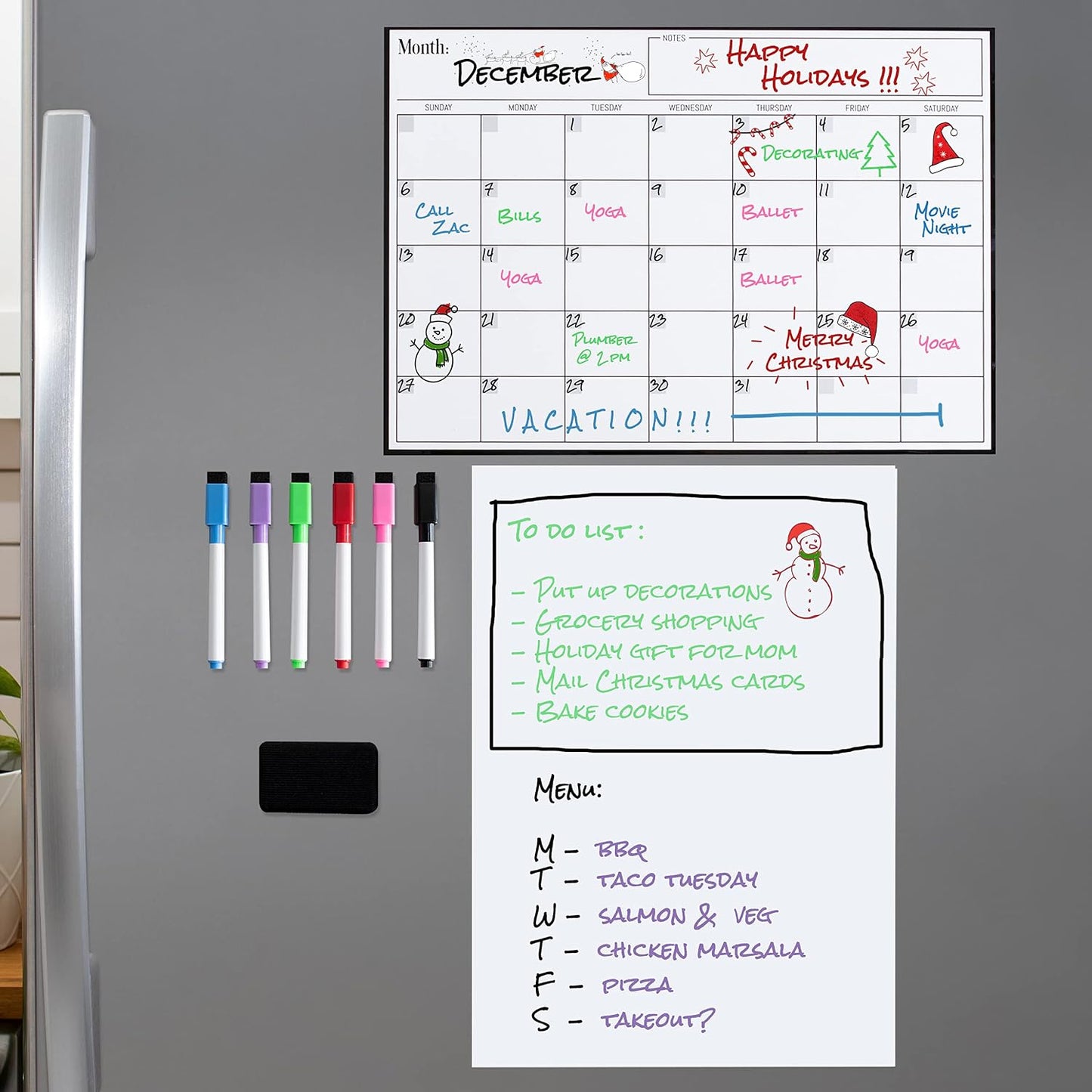 3 Pack Magnetic Dry Erase Calendar for Fridge, 17" x 12" Fridge Planner | Stain-Resistant Magnetic Calendar for Refrigerator with 6 Magnetic Markers & 1 Eraser - Monthly, Weekly & Daily Planner Set