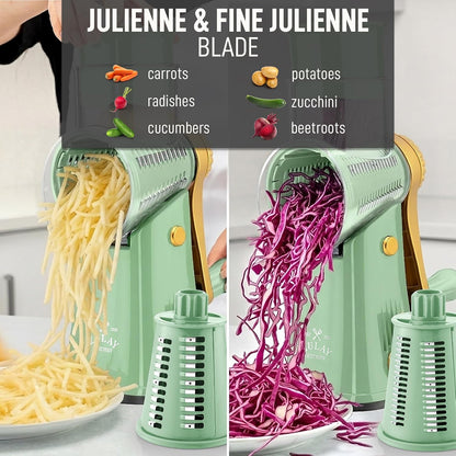 Zulay Kitchen Rotary Cheese Grater 5 Blade Cheese Shredder - Manual Hand Crank Cheese Grater With Reinforced Suction & 5 Interchangeable Drums - Easy to Use, Vegetable Chopper Round Mandoline Slicer - Colors B