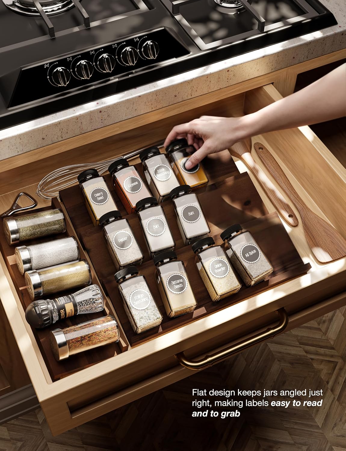 Tinamo Acacia Wood 4-Tier Spice Rack Organizer for Cabinet, Pack of 8 Pcs | Solid Acacia Wood Construction, No assembly, Stackable 4-tray design, Spacious for up to 64pcs 4oz Jars, Easy to Clean