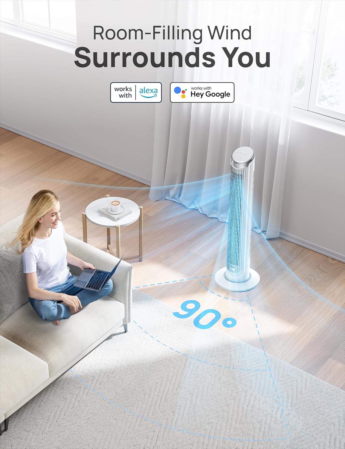 DREO Smart 42'' Tower Fan for Bedroom, 12 Speeds, 20dB Quiet Standing Fan
