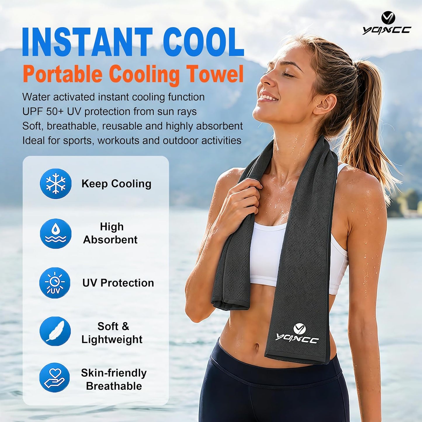 YQXCC 4 Pack Cooling Towels (47"x12"), Ice Cool Towels for Neck & Face | Soft Breathable Microfiber, Instant Cooling Neck Wraps, Ideal for Yoga, Golf, Gym, Running, Camping & Hot Weather