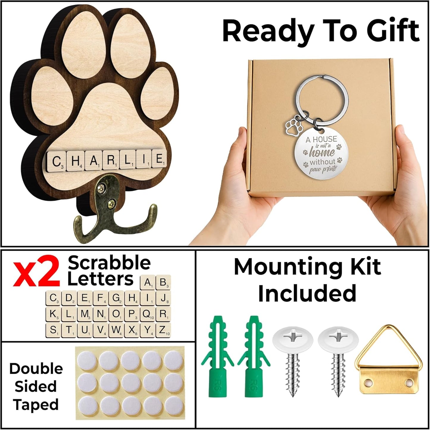 Dog Leash Holder Wall Mount, Pet Harness Hanger with Scrabble Letters, Dog Collar Organizer for Entryway, Memorial Cat Leash Holder for Wall, Pet Loss Gifts, Keepsake, Home Decor PF212-NAT