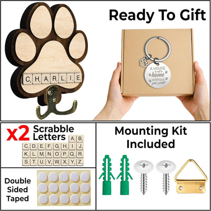 Dog Leash Holder Wall Mount, Pet Harness Hanger with Scrabble Letters, Dog Collar Organizer for Entryway, Memorial Cat Leash Holder for Wall, Pet Loss Gifts, Keepsake, Home Decor PF212-NAT
