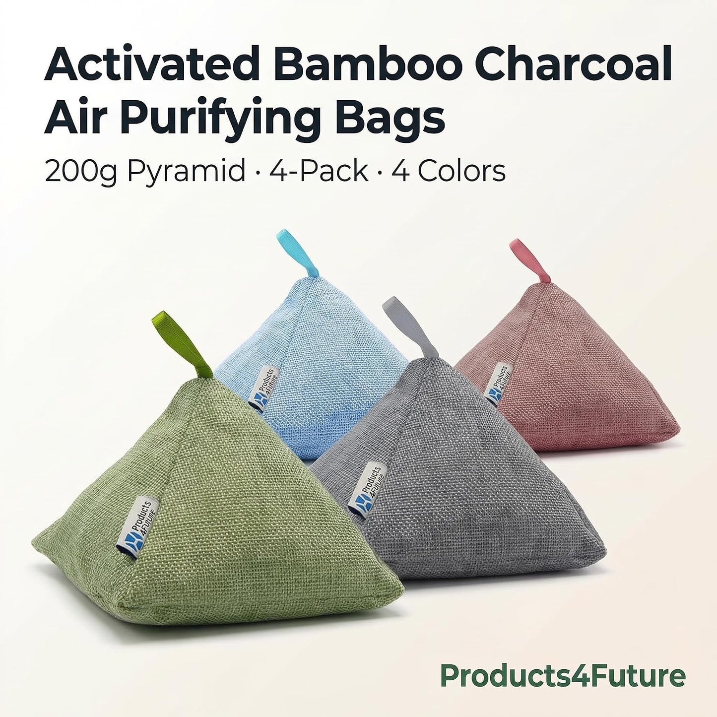 4 pack Naturally Activated Bamboo Charcoal Air Purifying Bags | Natural Home Deodorizer Bag | Charcoal Bag Odor Absorber For Pets | Odor Eliminator & Moisture Absorber Air Freshener Bag (200g Pyramid)