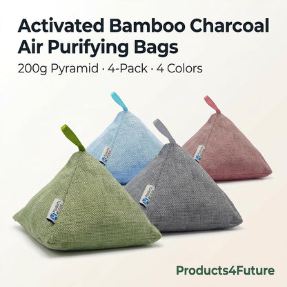 4 pack Naturally Activated Bamboo Charcoal Air Purifying Bags | Natural Home Deodorizer Bag | Charcoal Bag Odor Absorber For Pets | Odor Eliminator & Moisture Absorber Air Freshener Bag (200g Pyramid)