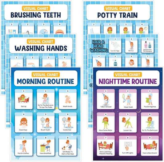 6 PCS Daily Step Visual Schedules Night and Morning Routine Chart for Kids Laminated Children Self Care Chart Visual Guide for Children Special Needs and Autism Promotes Independent Hygiene Routine
