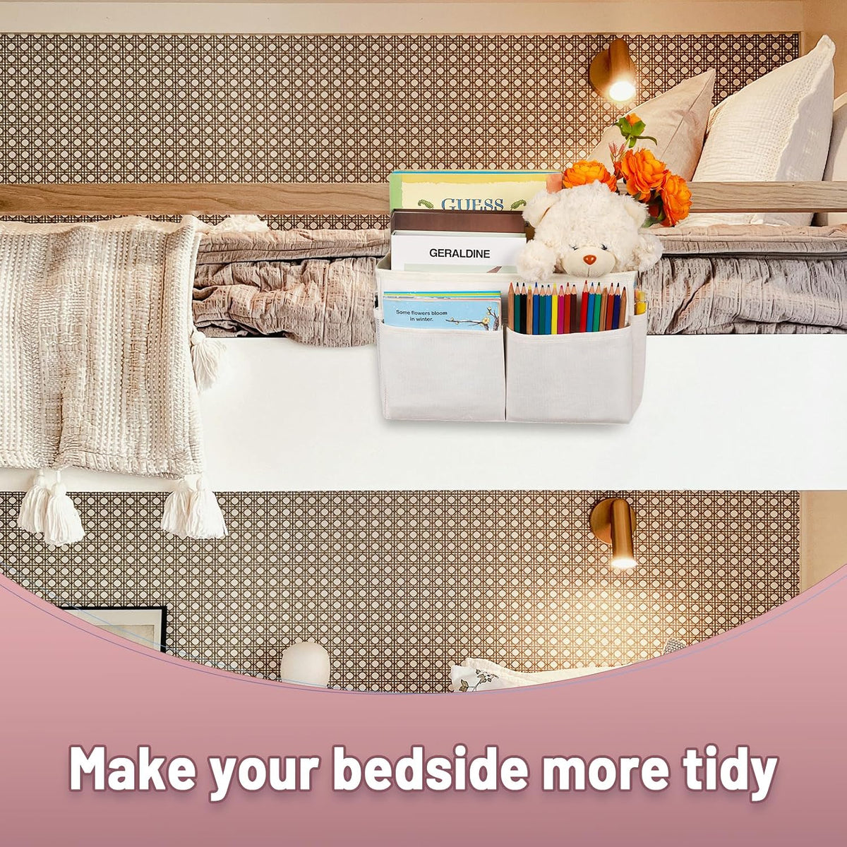 Bedside Caddy Organizer 5 Pockets and 4 Hooks for Bunk Bed Pink