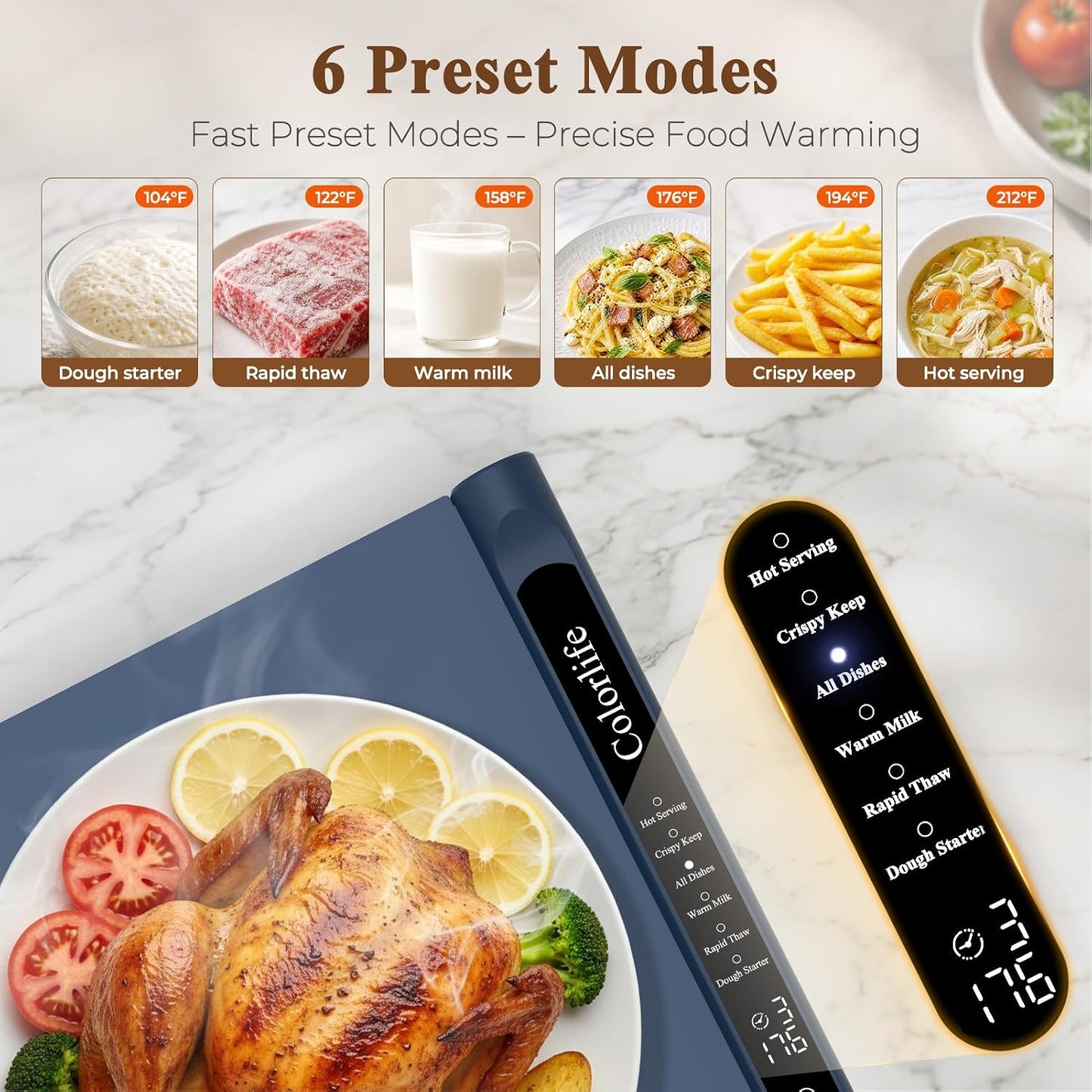 Warming Mat for Food, Electric Warming Tray with Heat-Resistant Pad-L Grey | Colorlife 6 Preset Modes, 7 Temps, 6H Timer, Child Lock, Auto-Memory, Rollable Silicone Food Warmer for Buffet, Parties