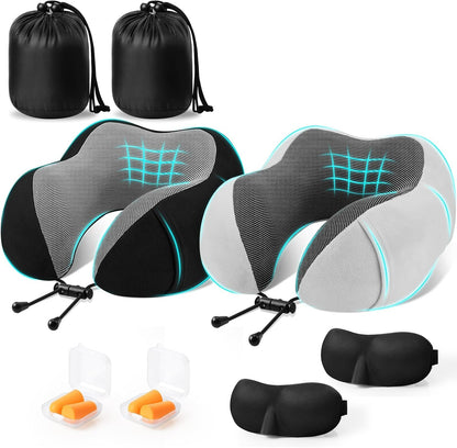 CloudBliss Neck Pillow for Airplanes, Memory Foam Travel Pillow, Black | Compact Flight Pillow with Eye Mask, Earplugs, Carry Bag, Travel Neck Pillow for Long Flight Sleep, Plane Travel Essentials