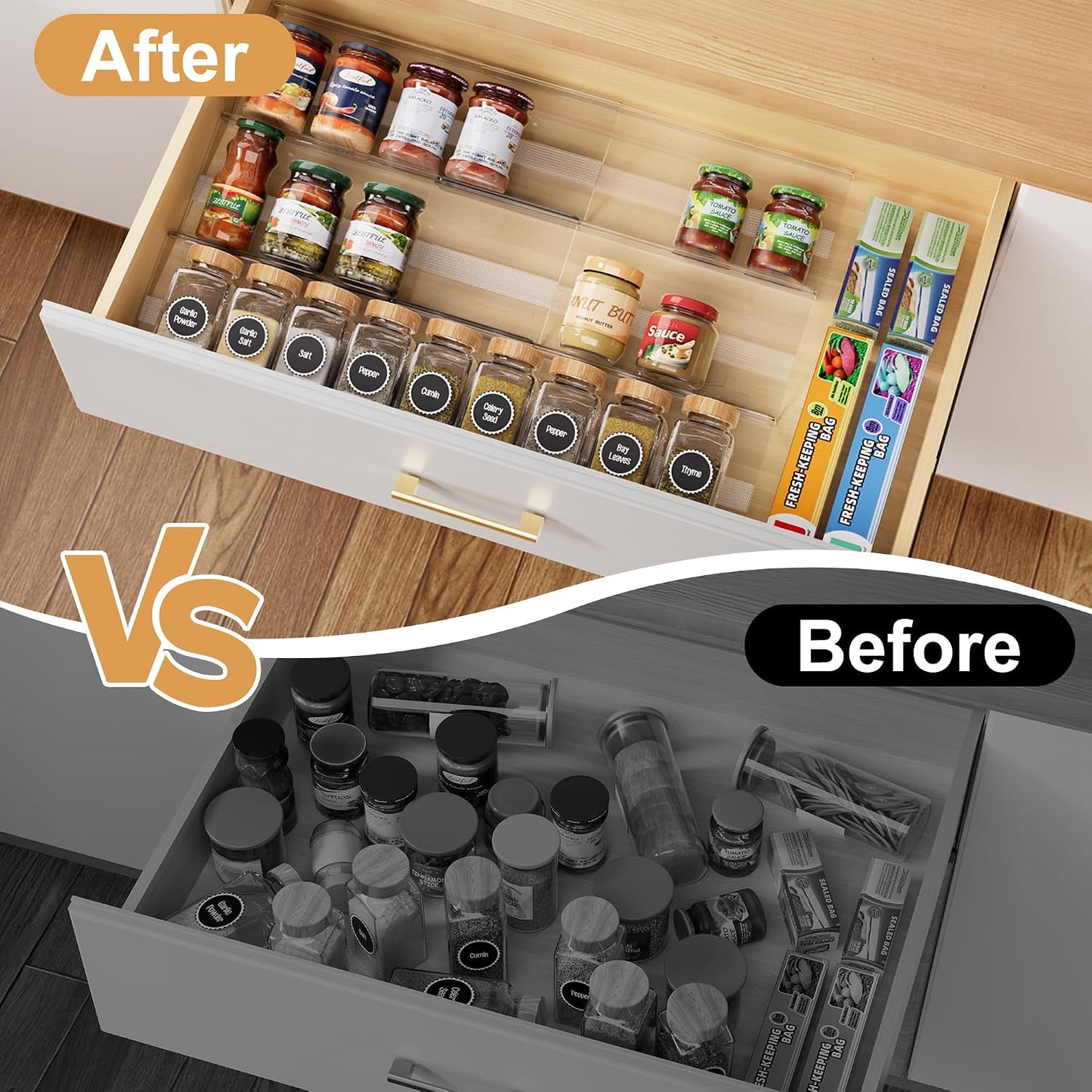 8-Pack Spice Drawer Organizer, Expandable Acrylic Seasoning Rack (13" to 26") with Anti-Slip Mat, Kitchen Spice Rack Holds up to 56 Jars (Jars Not Included)