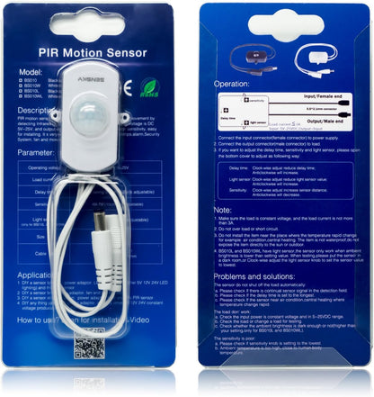 Sensky BS010W Motion Sensor Light Switch - DC 12V to 30V PIR Motion Sensor with Adjustable Delay Time and Detection Distance - for LED Strip Lighting Systems and Indoor Security Detectors