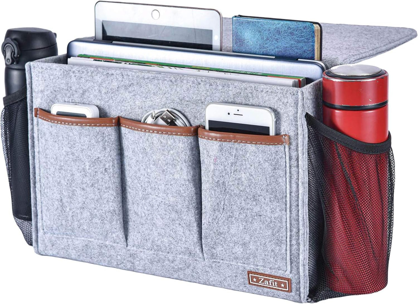 Zafit Bedside Caddy, Large Size Bedside Storage Organizer Bedside Organizer Caddy for Magazine Remotes Phone (13.4'' x 18.1'' Plus Size, Dark Grey)
