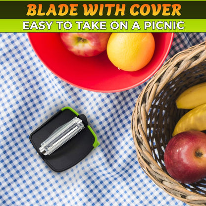 Palm Peeler for Vegetables with Double-Sided Stainless Steel Blades | Finger Potato Peeler for Kitchen, Suitable for Carrot and Fruits, Silicone Body, Non-Slip Grip, Blade Cover, Dishwasher Safe
