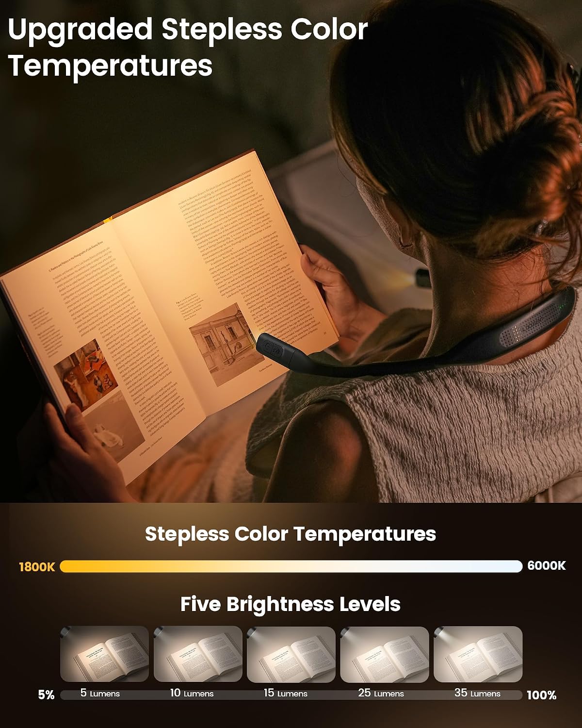 Glocusent Neck Book Light, Rechargeable Neck Lights for Crafts Reading | 1200mAh, Hands Free, 5 Colors, 5 Brightness, Lightweight, Book Lovers Gifts, Ergonomic, Bendable, Knitting, Repairing, Reader