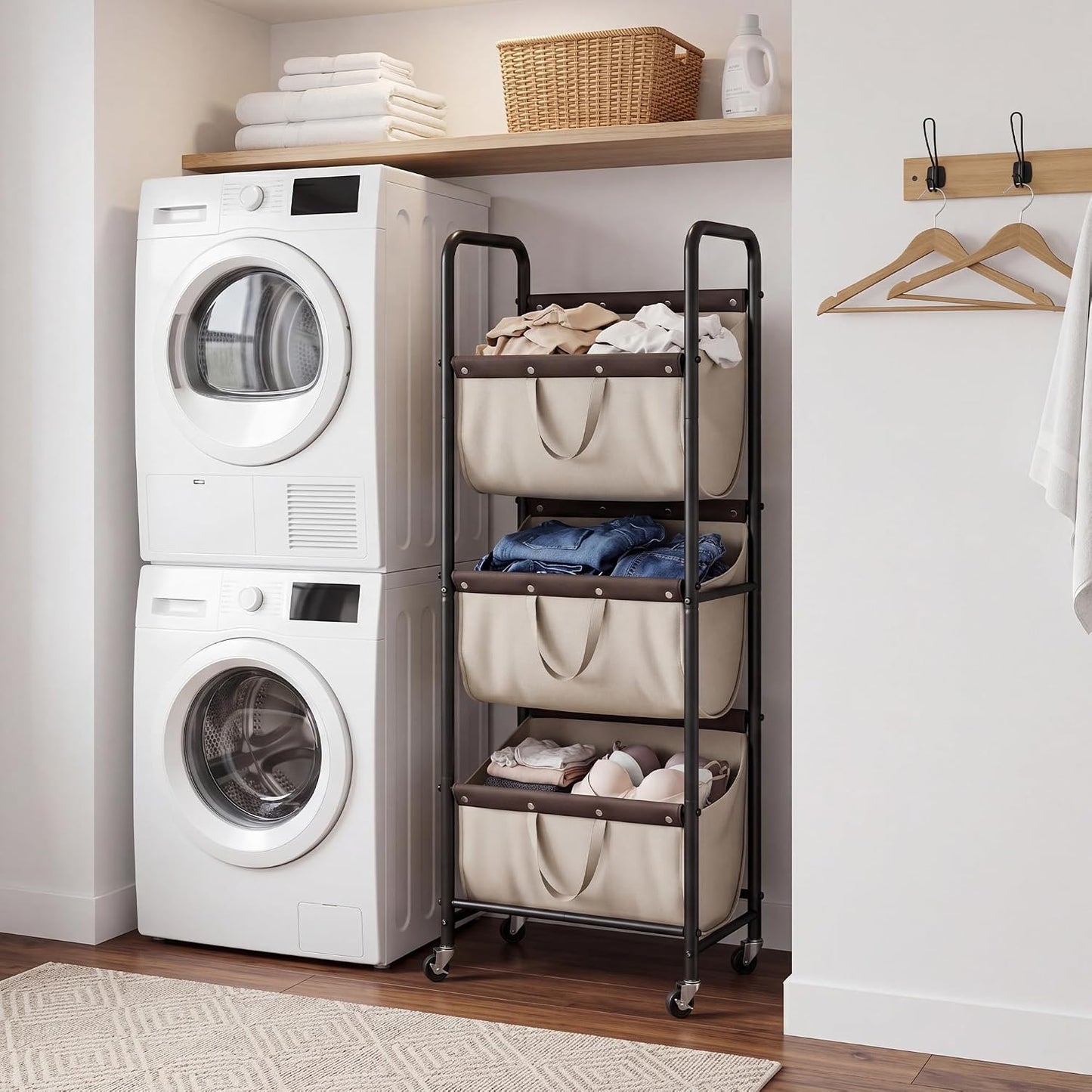 GRANNY SAYS 3 Tiered Laundry Sorter, Narrow Hamper Cart with Wheels | Sturdy 3 Section Laundry Basket with Wheels, Vertical Beige Hamper Cart for Bedroom, Bathroom, Apartment