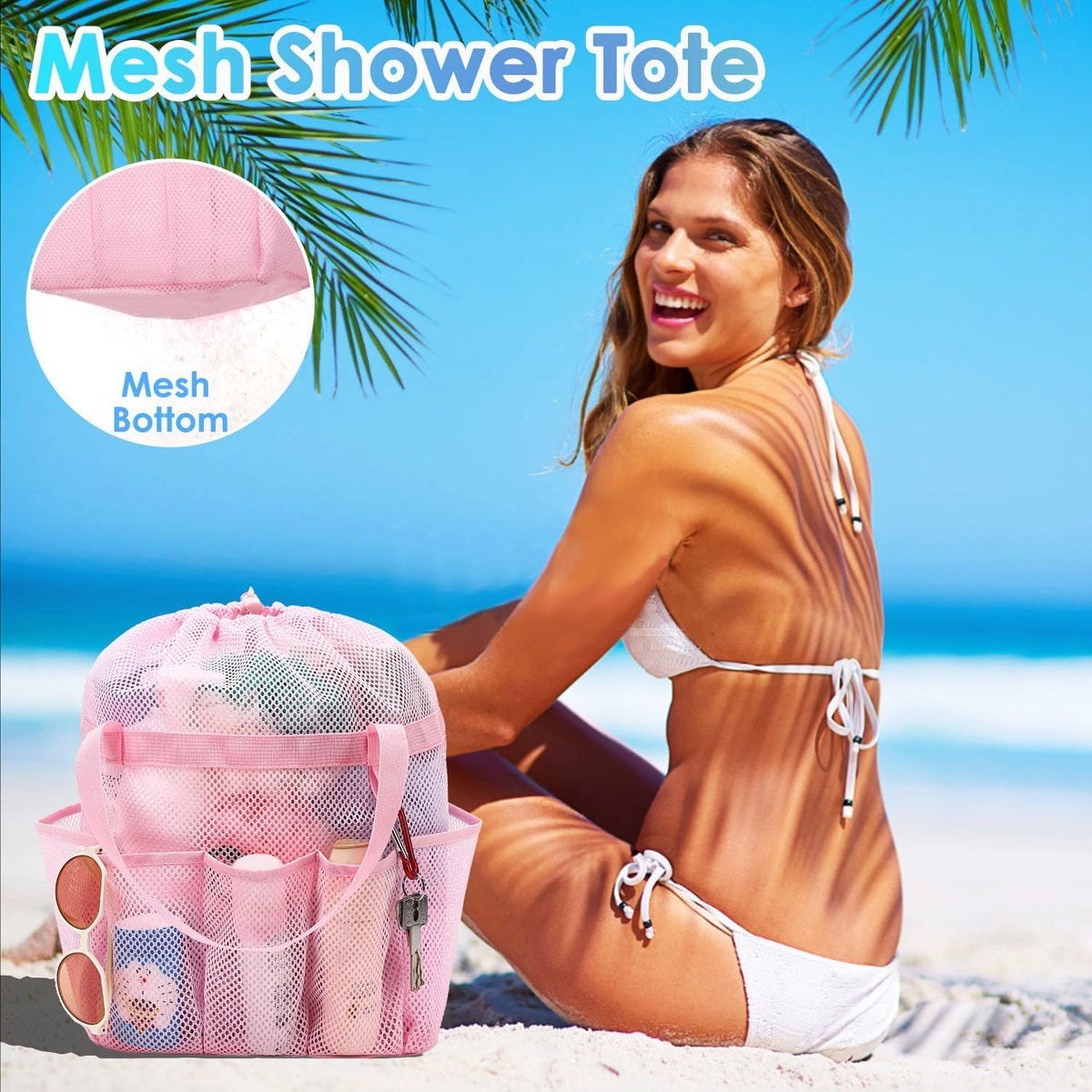 Fammart Mesh Shower Caddy Portable with Drawstring, Dorm Room Essentials for College Girls Guys, 8-Pocket Extra Large Shower Bag Basket Tote for Camping Beach Gym Travel Toiletry Bathroom