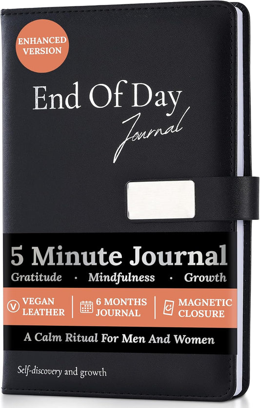 Tayri End of Day Journal – 5 Minute Daily Gratitude & Reflection Notebook | Guided Writing Prompts For Men & Women, Self-Care, Vegan Leather, Journaling Notebook, 120 GSM Thick Paper, Magnetic Closure