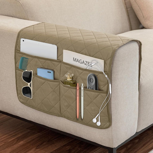 Remote Control Holder for Recliner, Armchair Caddy, Non Slip Sofa Armrest Organizer for Recliner Couch With 6 Pockets for TV Remote,Cell Phone,Magazine (Off-White)