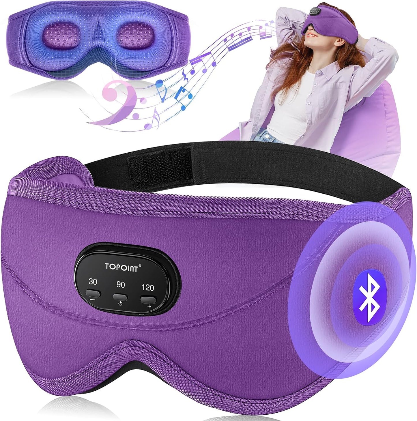 TOPOINT Sleep Mask with Bluetooth Headphones, 3D Eye Mask for Sleep Headphones with White Noise, Total Blackout, 5.4 Bluetooth, Timer, 15 Hours for Women Men, Travel, Meditation, Nap, CPAP Users