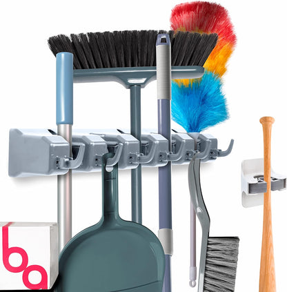 Broom Holder Wall Mount, Broom and Mop Organizer Wall Hanging Rack & Hanger | (Black) Broom Hanger Wall Mount, Mop and Broom Holder Wall Mount, Mop Holder, Hanger for Brooms and Mops, 5 Slots 6 Hooks
