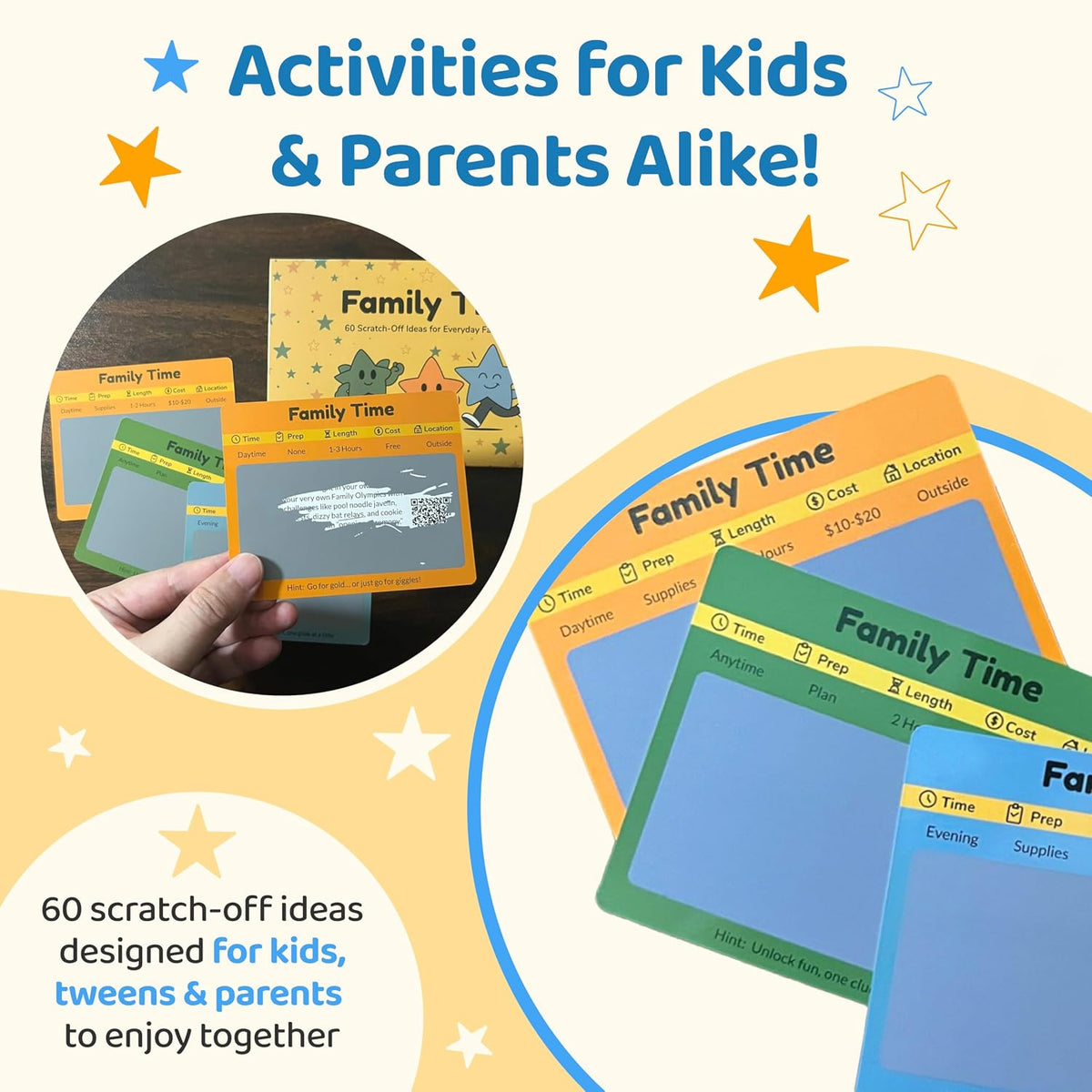 Family Time 60 Scratch-Off Activity Cards with Day & Night Markers – Fun Family Games for Kids & Parents – Screen-Free Adventure Ideas & Unique Gift for Christmas,Birthday,Stocking Stuffers & Holidays