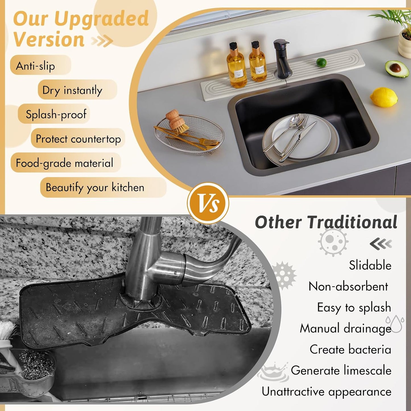Faucet Mat for Kitchen Sink, 18" Wide Diatomite Fast Drying Stone Tray, Super Absorbent, Prevents Moisture Buildup, Faucet Water Splash Guard for Bathroom Counter, Sink Protector Gift for Mom, White
