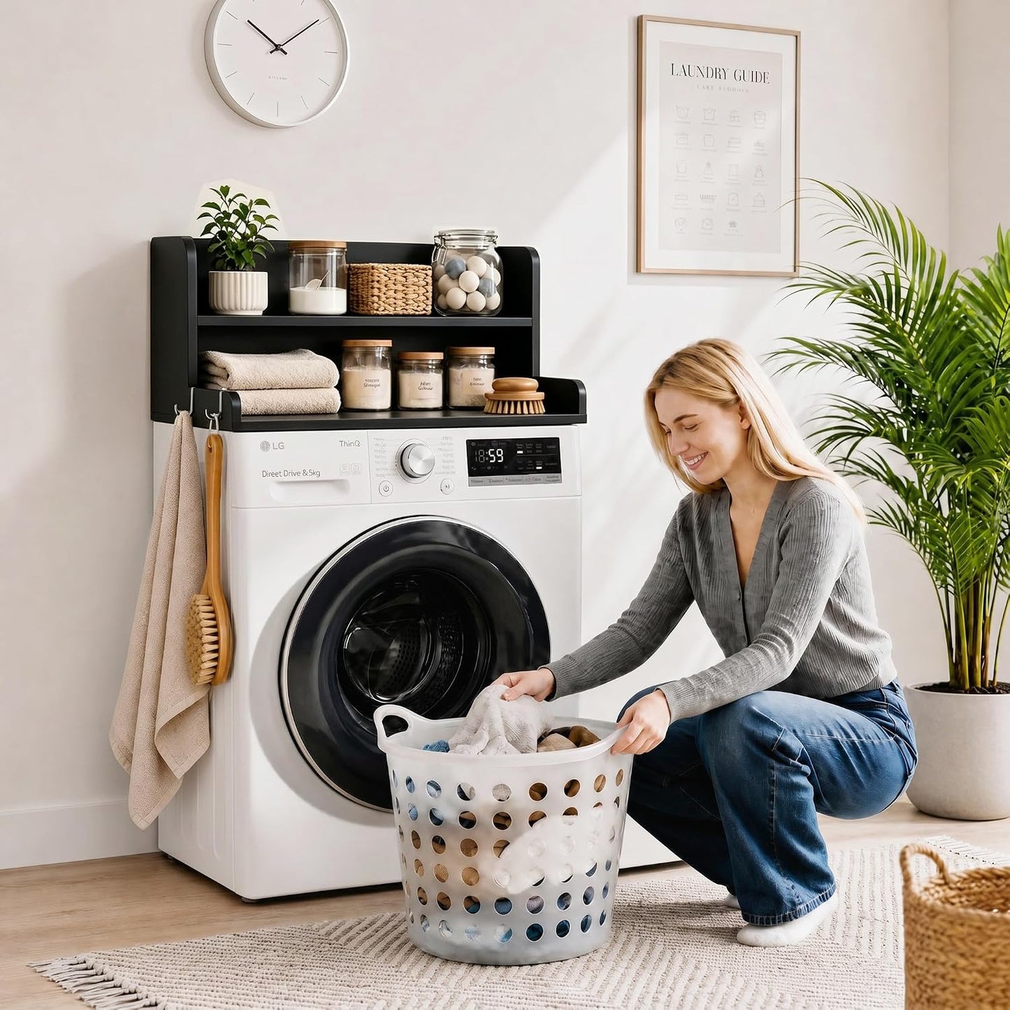 2-Tier Washer Dryer Countertop with Shelves & Metal Hooks, 27" W x 27.5" D Large Laundry Topper for Room Organization & Folding Clothes & Storage(Oak)