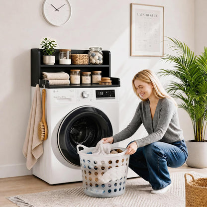 2-Tier Washer Dryer Countertop with Shelves & Metal Hooks, 27" W x 27.5" D Large Laundry Topper for Room Organization & Folding Clothes & Storage(Oak)