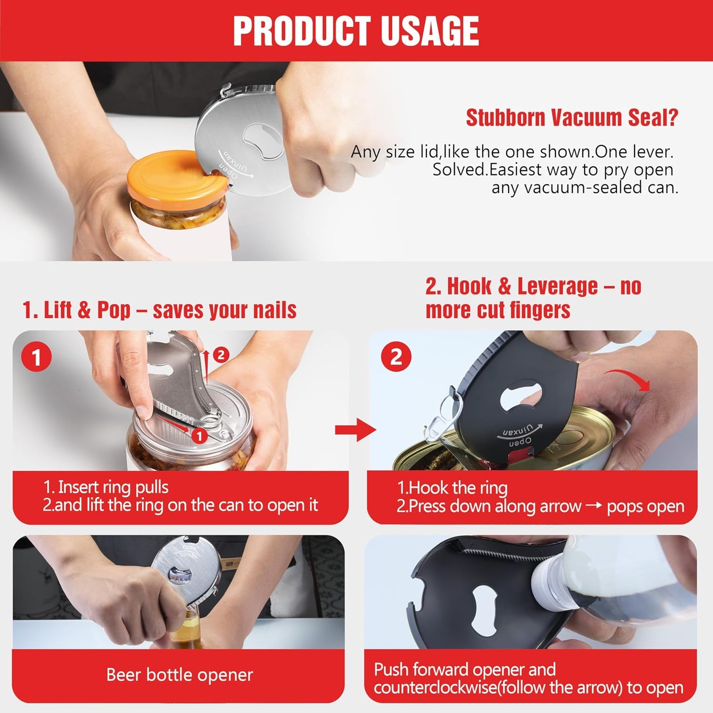Uinxan 5 in 1 Bottle Opener for Small Jar Lid, Beer, Can Tab, Vacuum Seals | Effortlessly Opens Screw Caps(0.6"-2.7"), Stainless Steel Multi Portable Tool,Ideal for Seniors & Weak Hands (Silver)